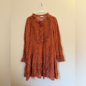 Brick Red Floral Half Button Tiered Dress